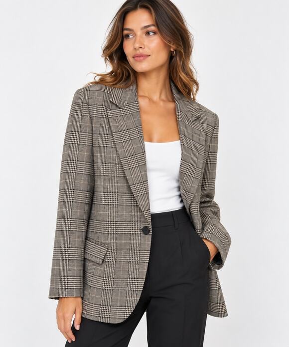 H&M Jackets & Blazers - H&M Oversized Plaid Blazer Women’s S Beige Black White Single Button Preppy Fall